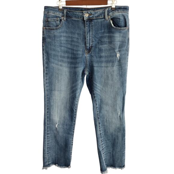 Risen Stretch High Rise Medium Wash Raw Hem Straight Jean 2X 18 20 Plus XRDP1282 - Picture 1 of 12